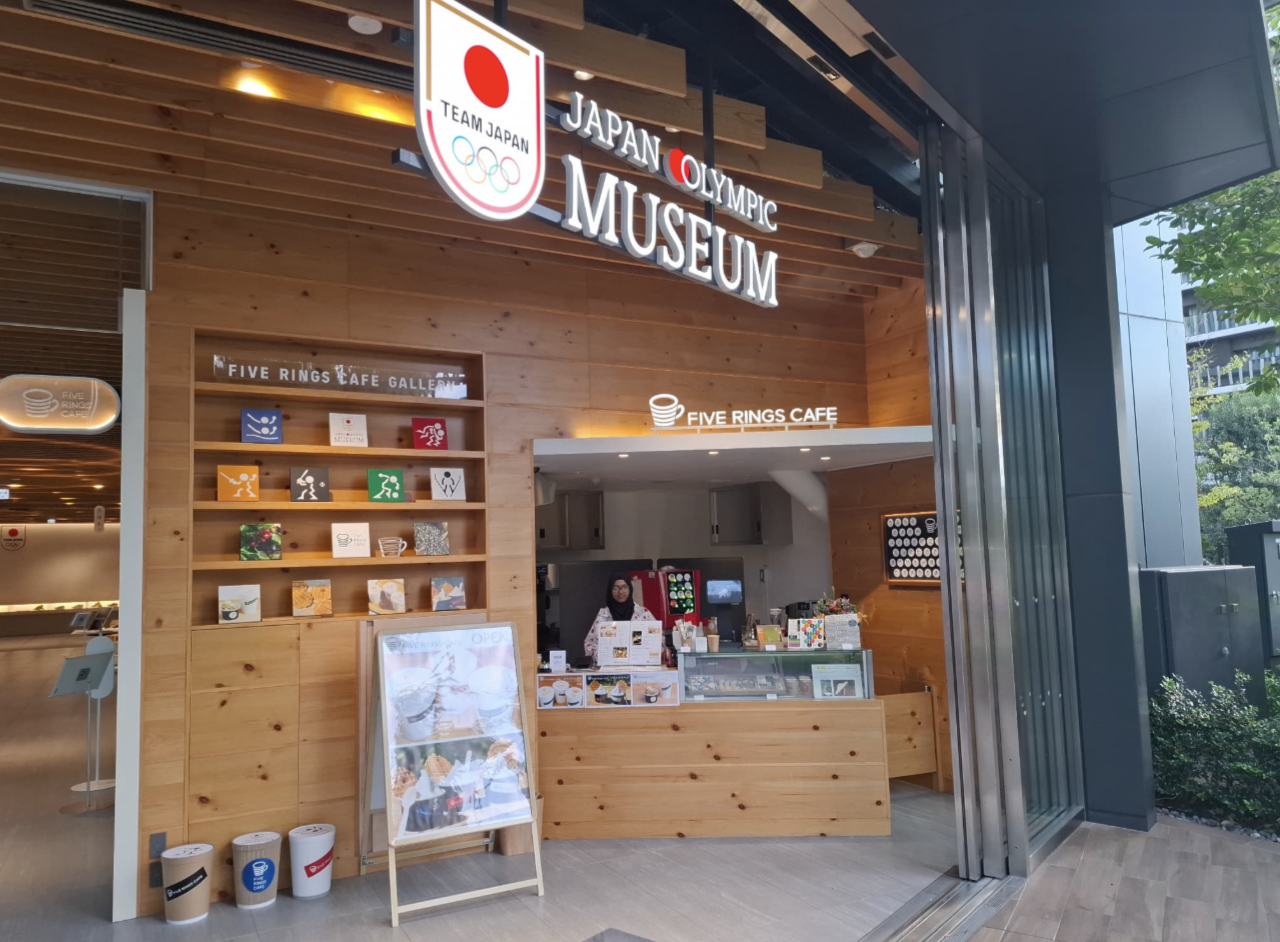 Five rings cafe on the first floor of the Japan Olympics Museum in Tokyo.