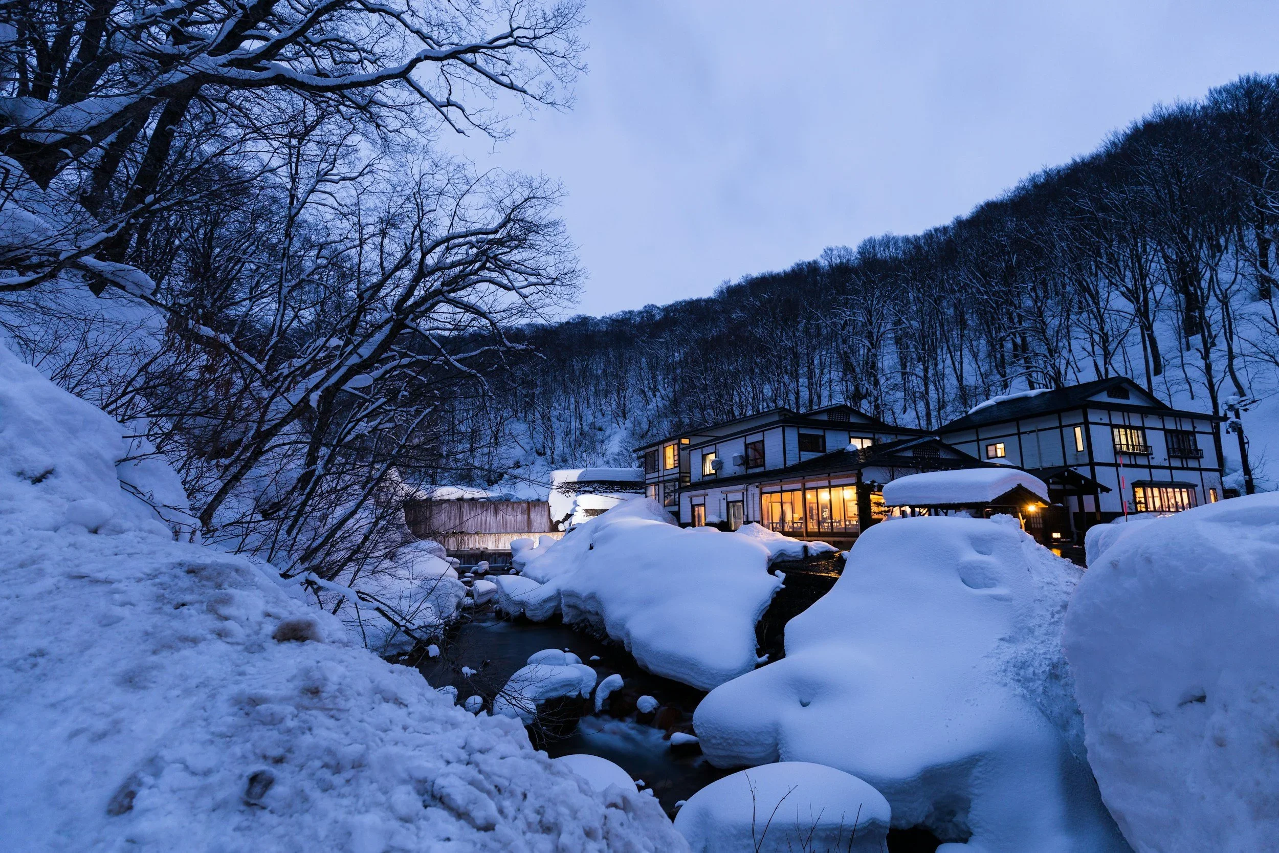 A Japanese traditional hotel in the snowy mountains