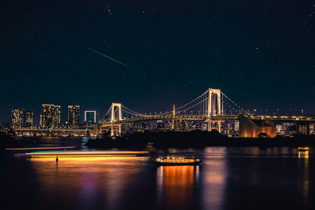 Tokyo night skyline viewed from Odiba of the rainbow bridge.