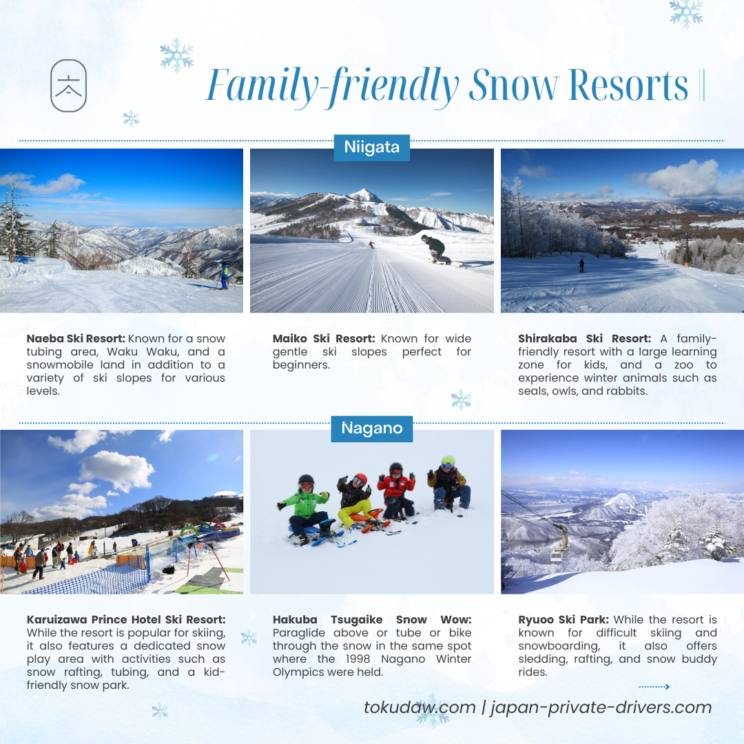 Tokudaw infographic on the best family ski resorts in Japan featuring Niigata and Nagao options.
