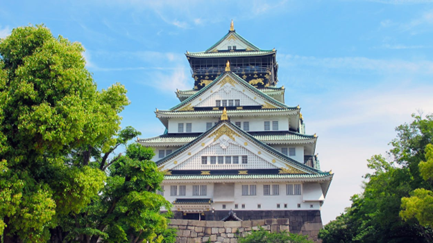 5-Story Japanese castle on a cloudless summer day.