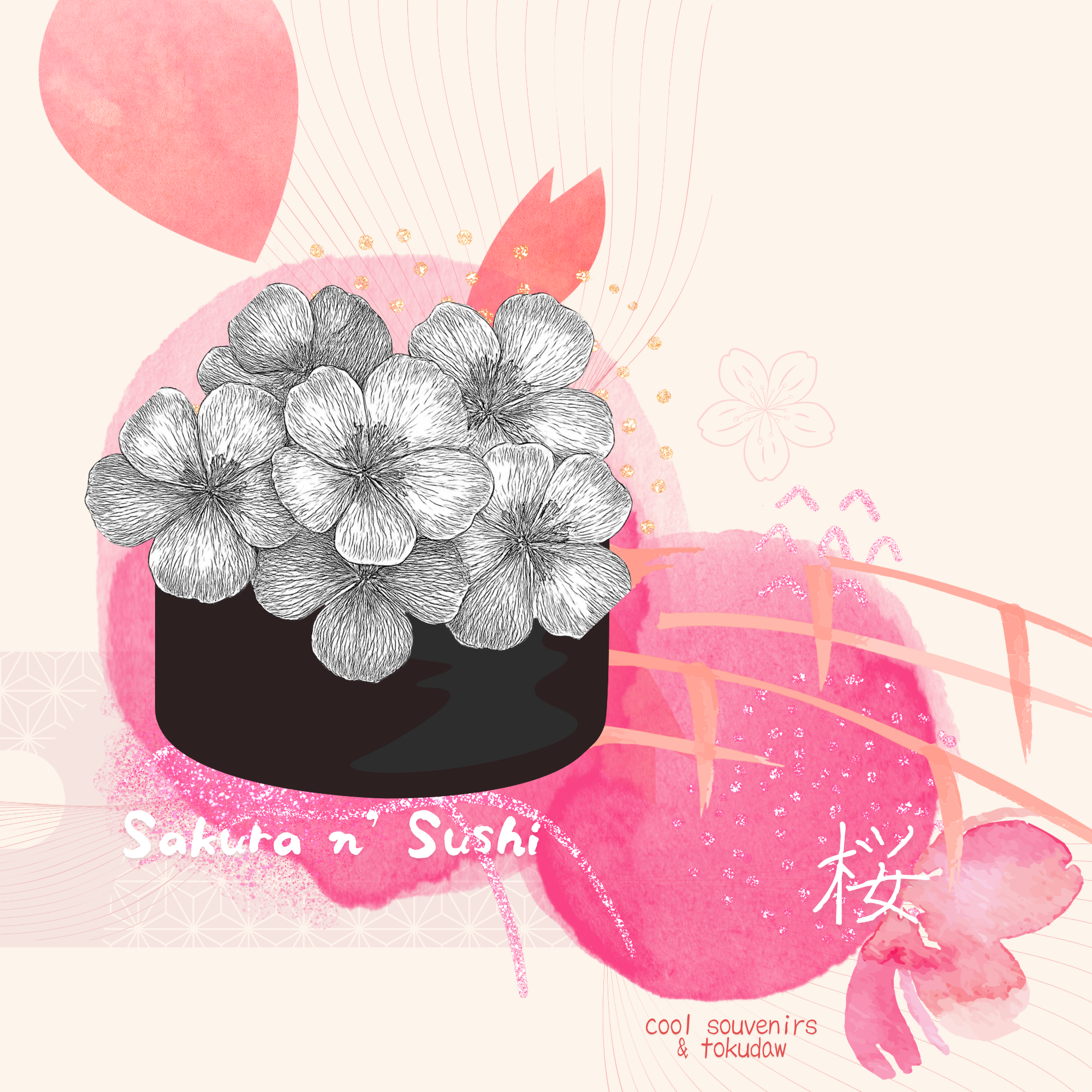 Exclusive design for TokudAw guests featuring illustrated pink cherry blossoms emerging from a sushi roll and Japanese motifs in the background.