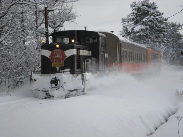 Black train plows through snow