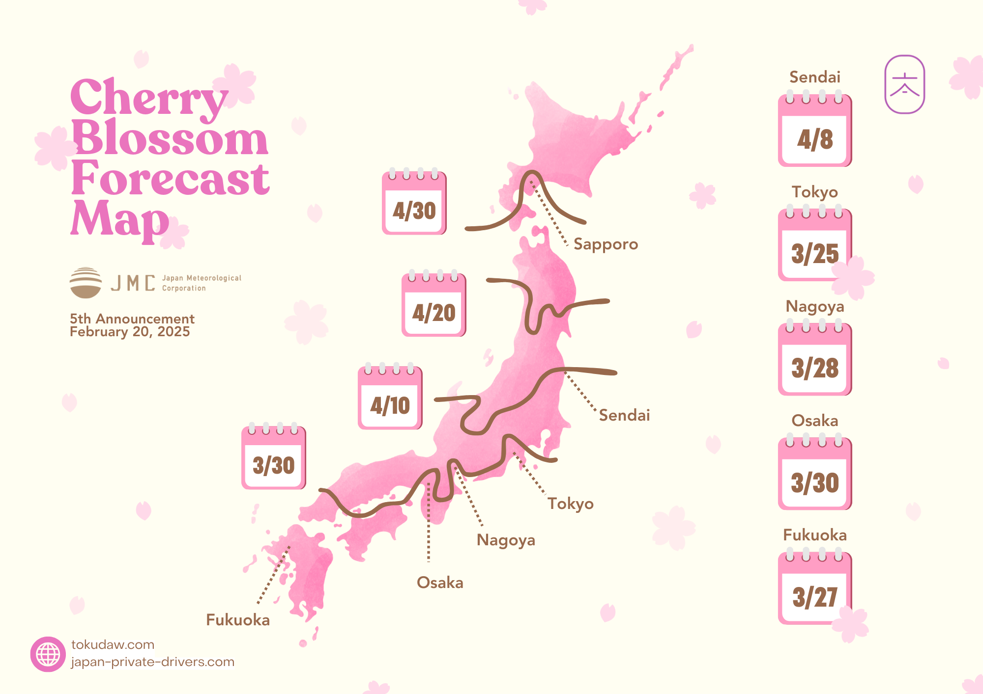 TokudAw infographic for Cherry blossom forecast for 2025.