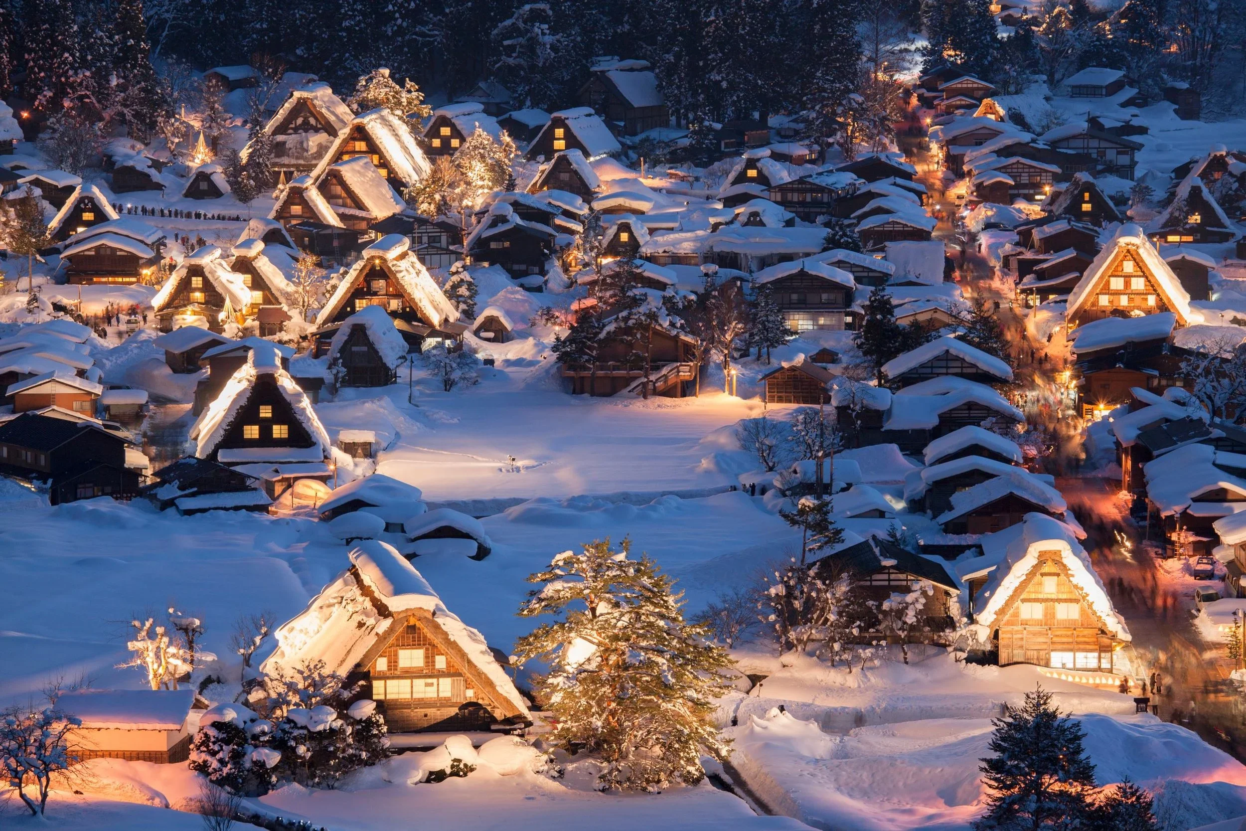 A rural Japanese silkworm raising village covered in snow in the mountains of Japan.