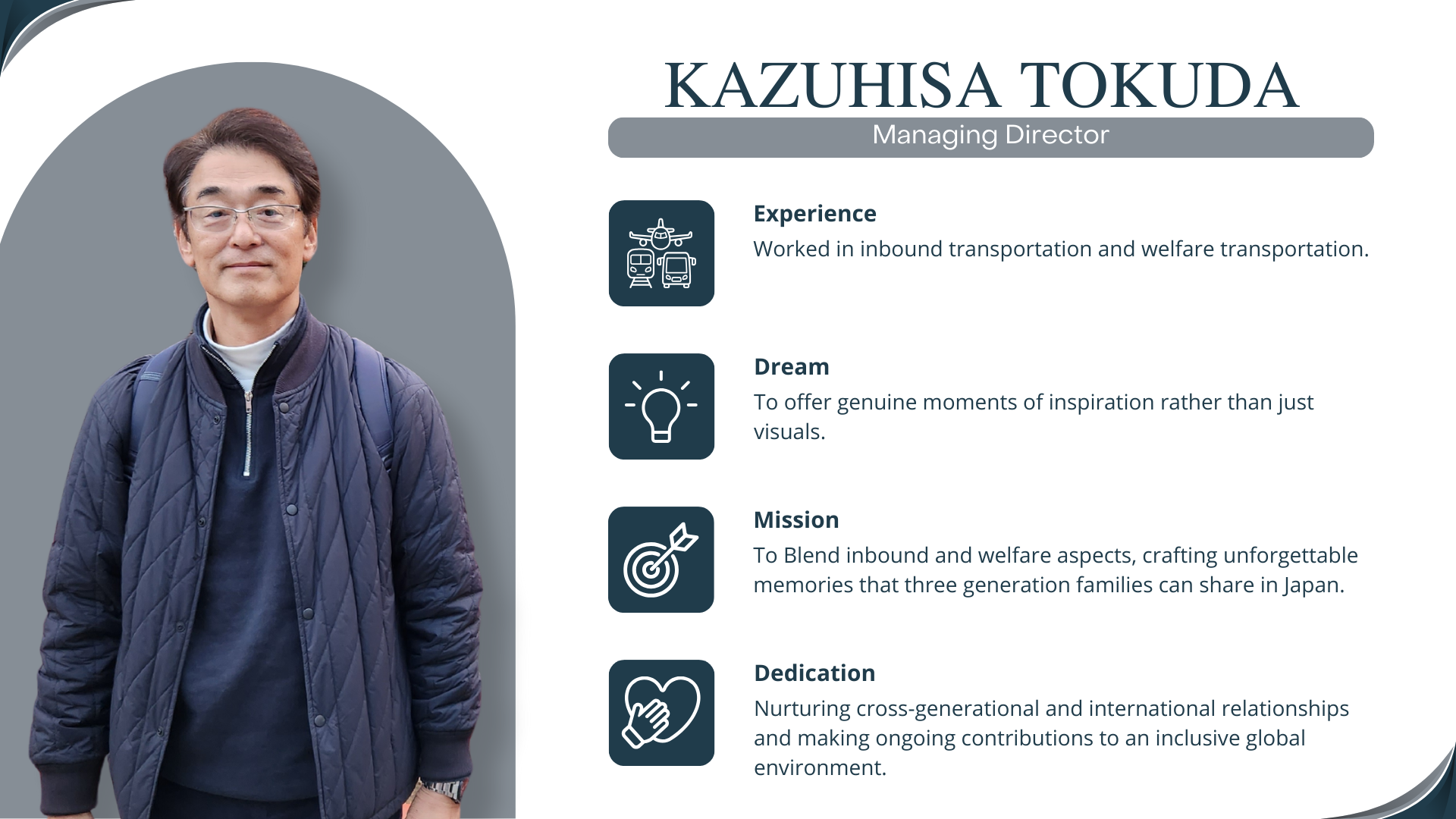 A infographic on TokudAw's Managing Director, Kazuhisa Tokuda, featuring his transportation experience and dream to inspire genuine moments, misson to support inbound tourism and welfare of Japan and dedication to support multi-generations.