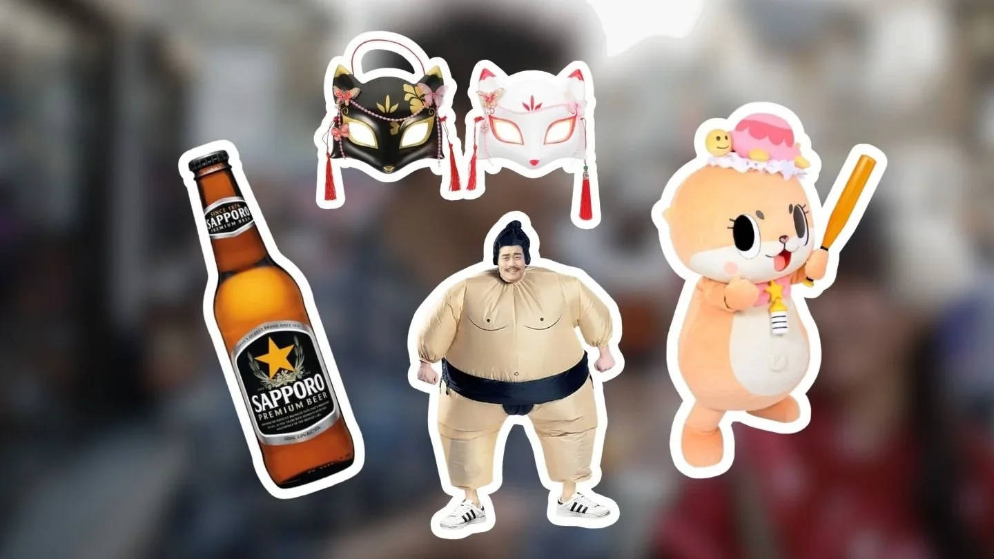 TokudAw collection of funny Japanese items including beer, sumo costumes, mascots and masks.