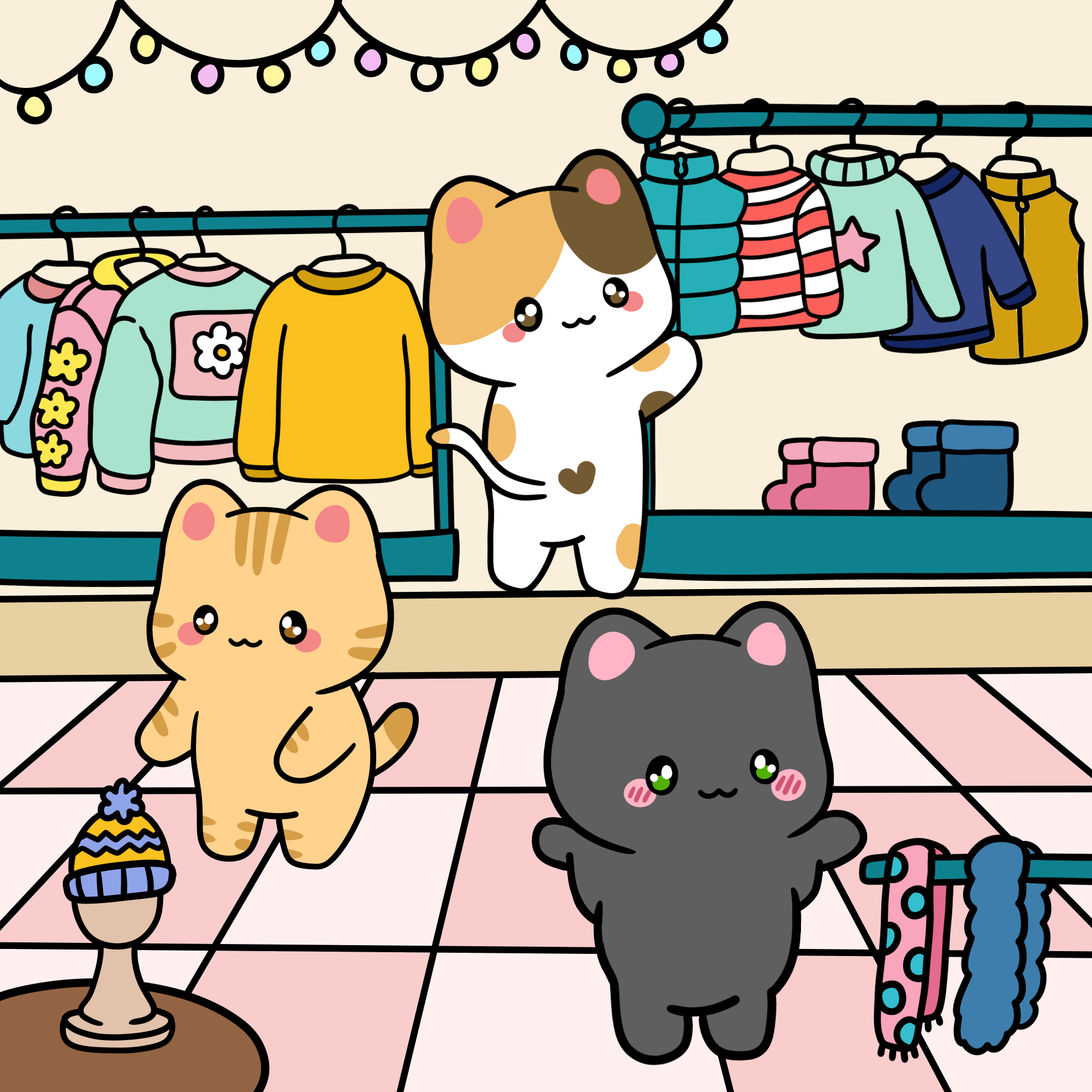 Cartoon of cats preparing for winter travel. Original TokudAw cartoon.
