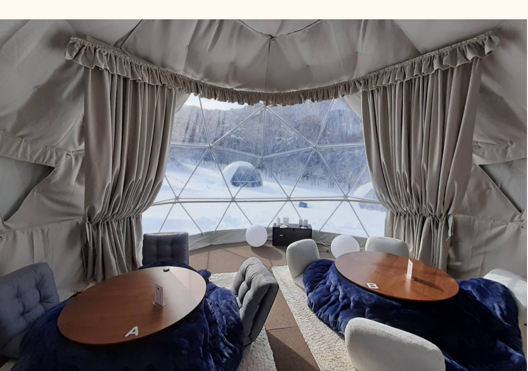 A glamping type experience inside a dome allows people to stay warm and enjoy the snow while also enjoying a meal and cozy seating.
