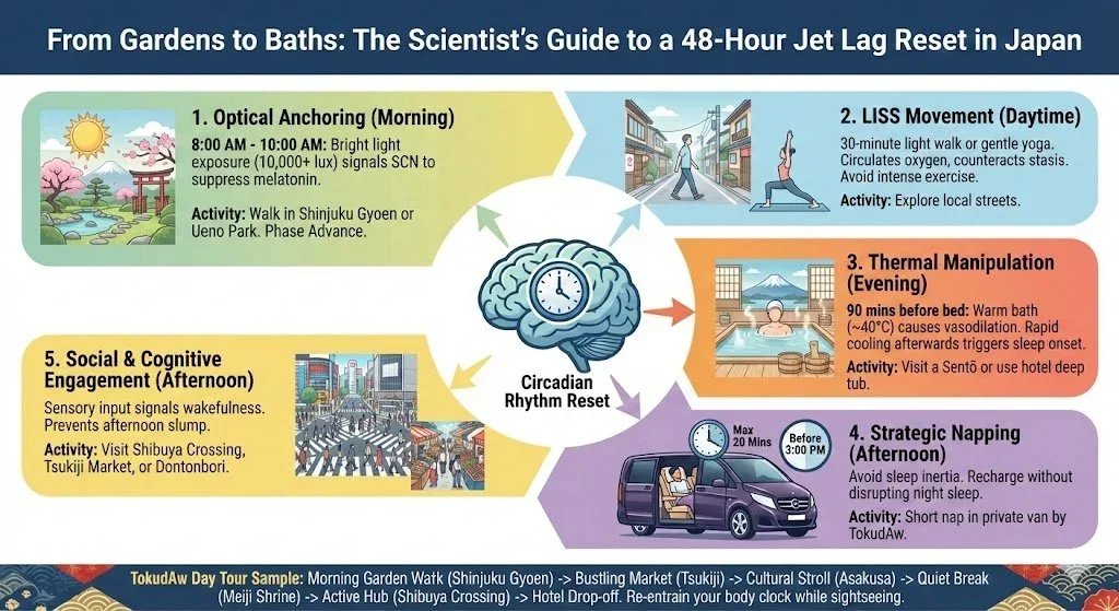 A TokudAw infographic about getting over jetlag in Japan showing how to get the morning light, move, a hot bath, social engagement, and napping can help get you through the day and rest your circadian rhythm once you land.