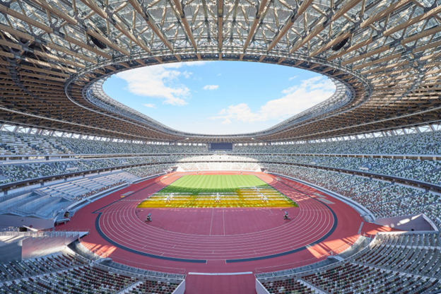 A view from inside Tokyo's national stadium, now MUFG stadium, from the spectator area.