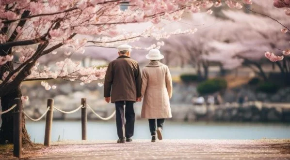 A couple holds hands during the cherry blossom season as they walk down a path.