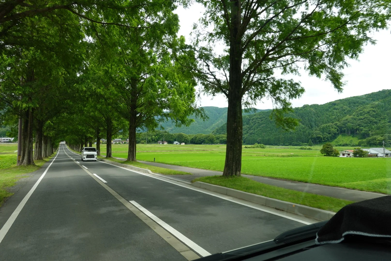 An image taken from the front of a TokudAw van of the Japanese countryside.