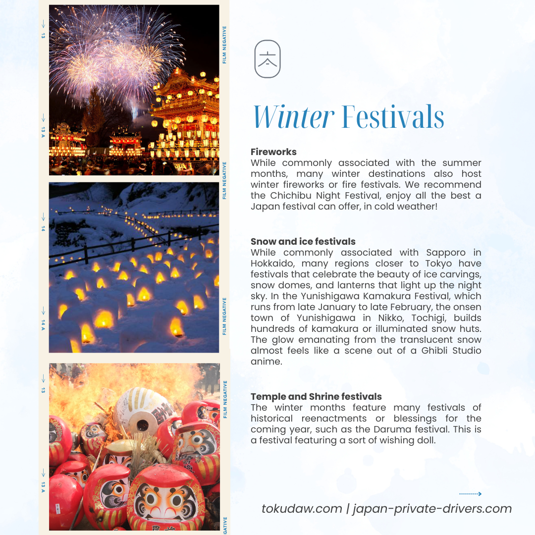 A TokudAw infographic about winter activites like fireworks, snow and ice and temples and shrine visits that are non-mountain winter activities.