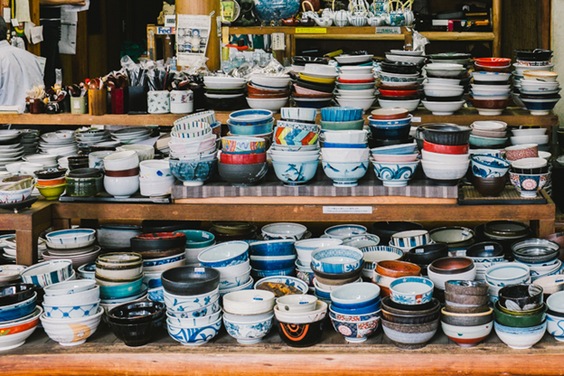 Ceramic bowls piled high at a store in Kapabashi, Japan.