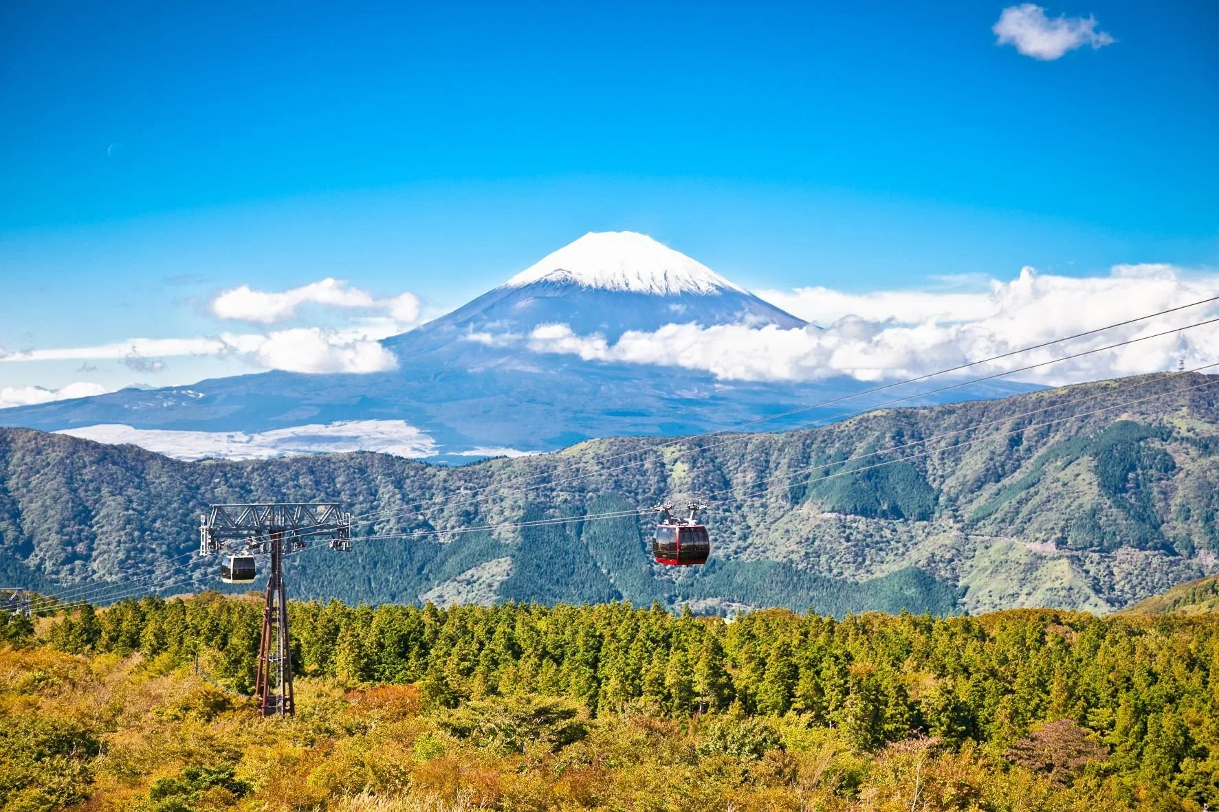 View of a gondola system overlooking a fall valley and Mount Fuji in the background.