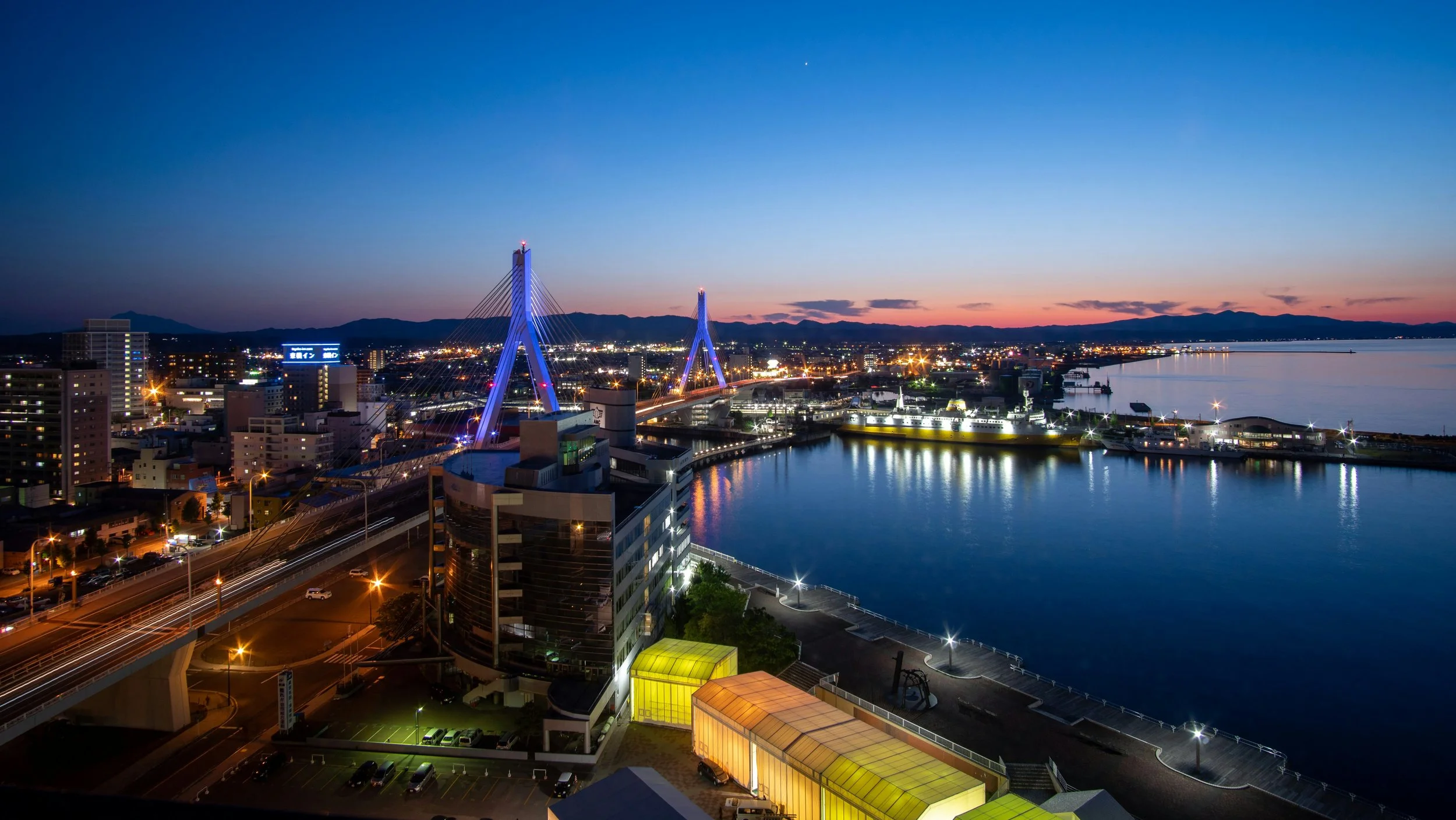 Nighttime arial view of the bay in Aomori Japan