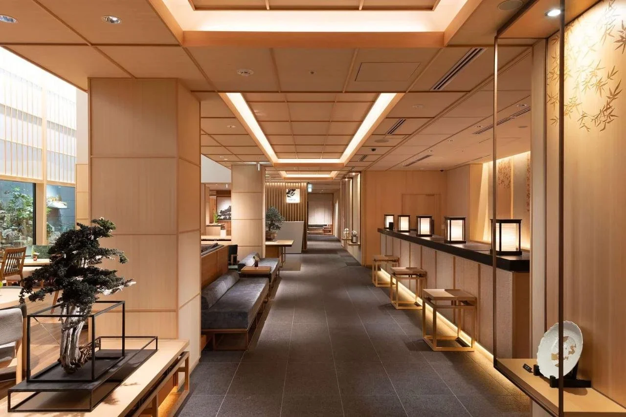 Warm wooden Japanese-style lobby at the Hilton Yokohama,