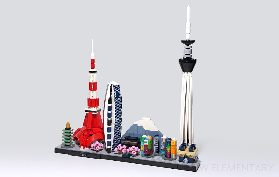 A lego set of various Japan landmarks including Tokyo Tower, Sky Tree, Mount Fuji and a pagoda as well as some cherry blossom trees for decoration.