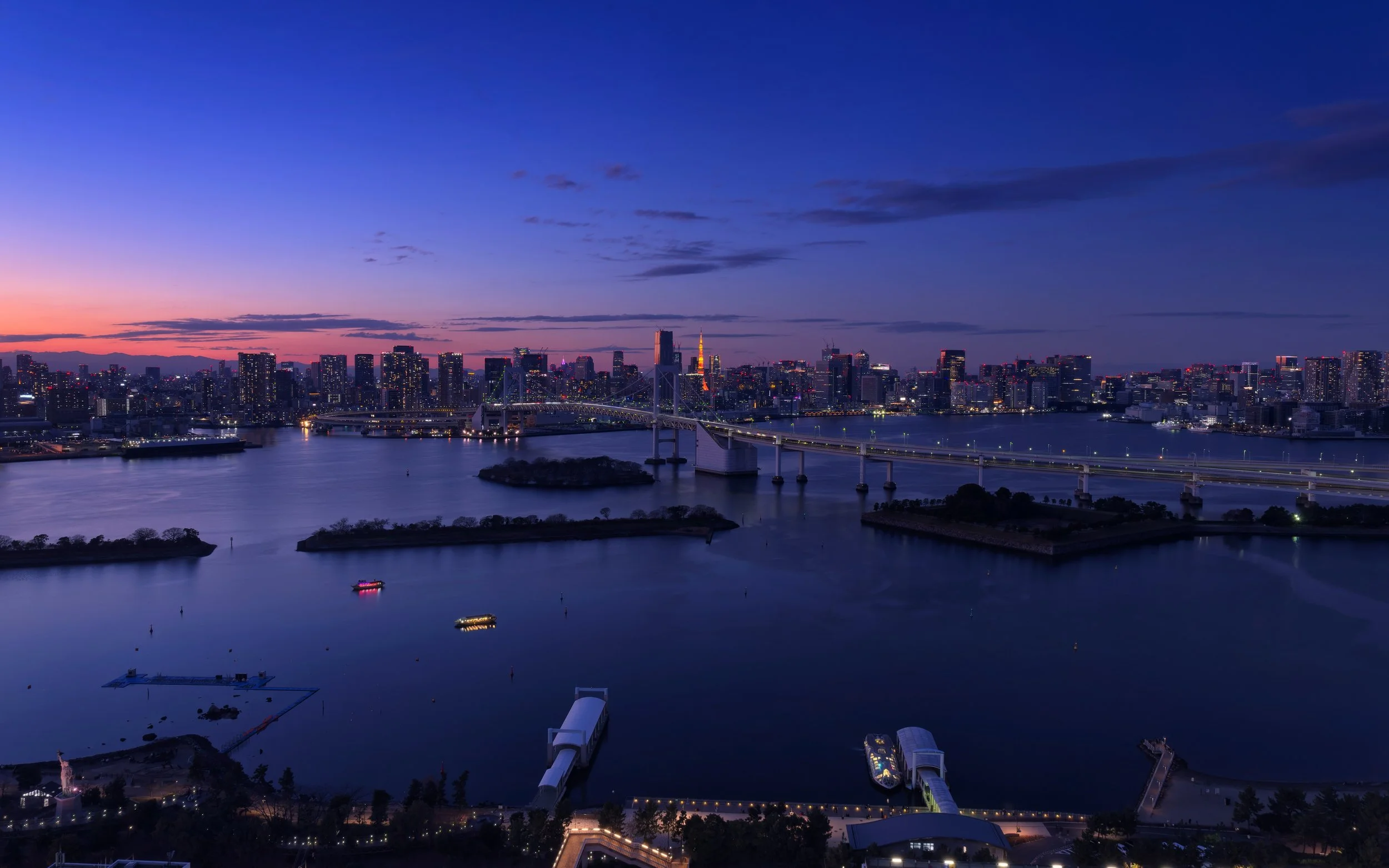 Arial night view of Tokyo Bay with rainbow bridge and Tokyo Tower in the distance