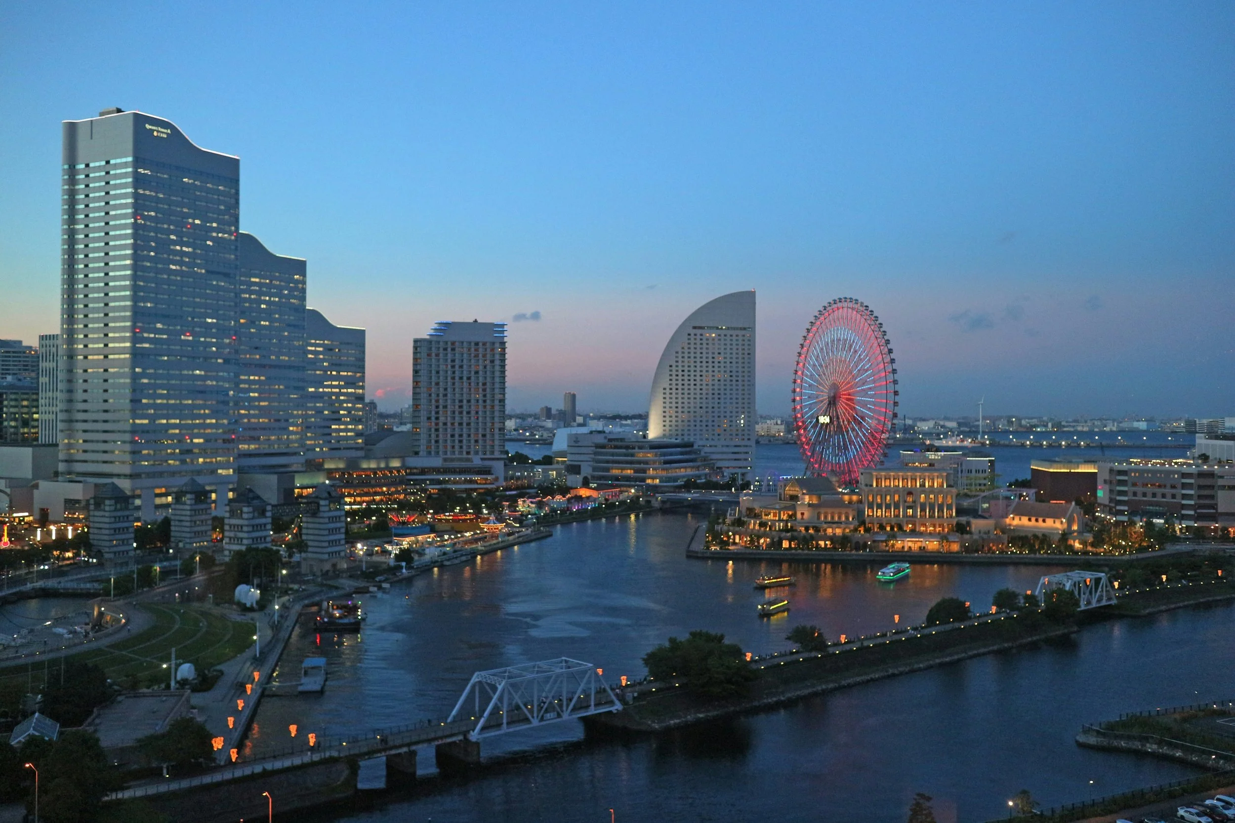 An arial view of Yokohama bay as the sun is setting