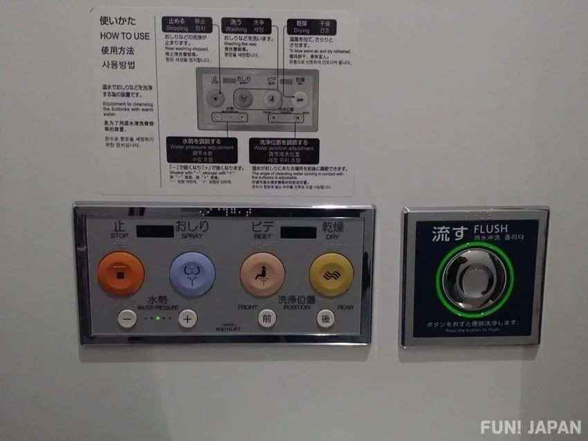 Photo of the panel of buttons commonly found in toilet rooms in Japan.
