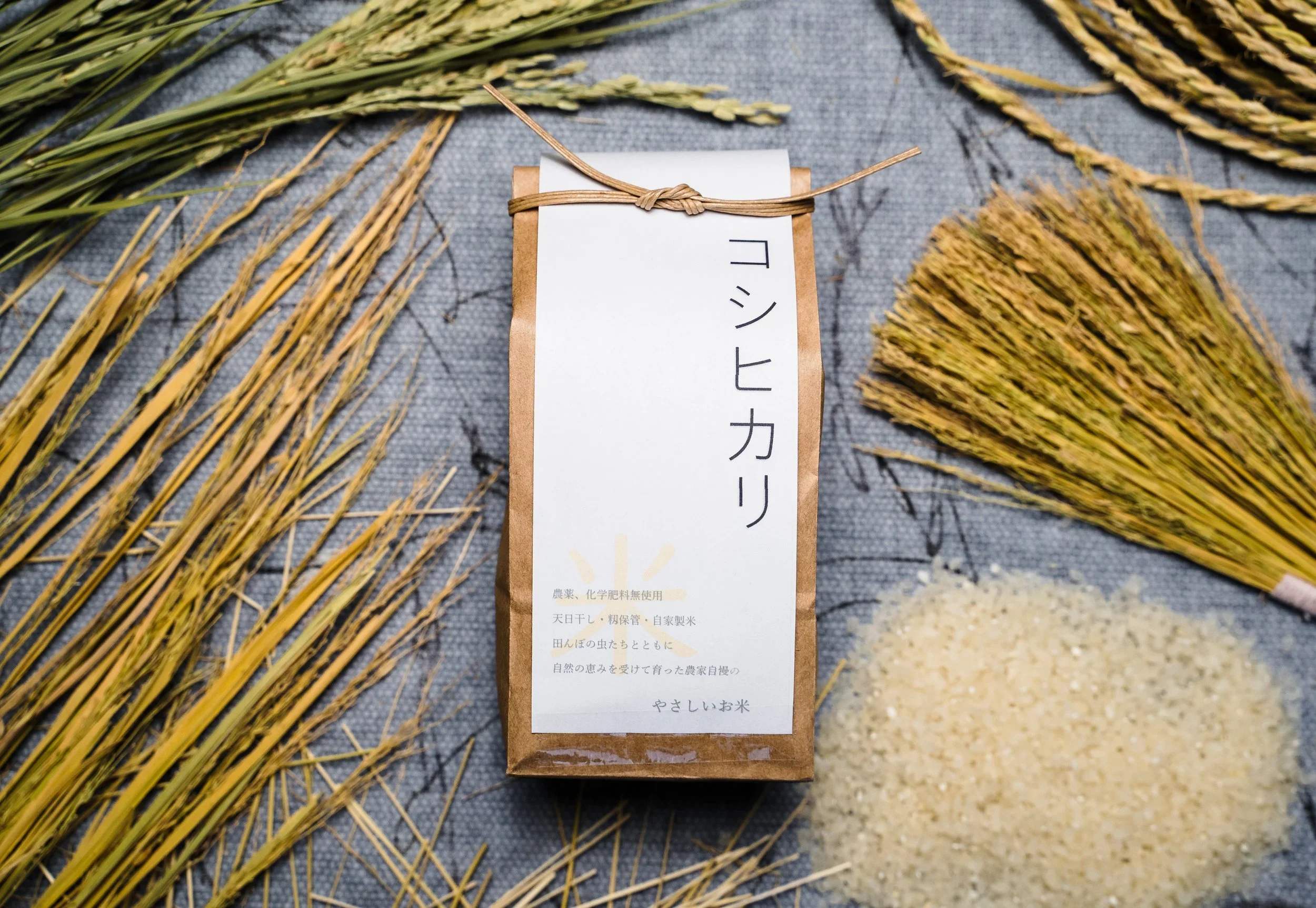 Image of brown paper bag of rice and dried rice props in the background.