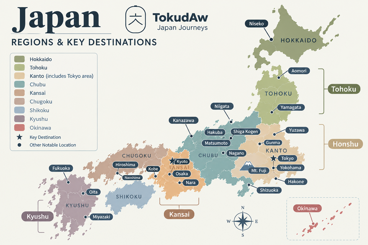 Map of Japan with locations tourists frequent and less frequented areas for travelers on cruises, interested in crafts and culture, nature and skiing.