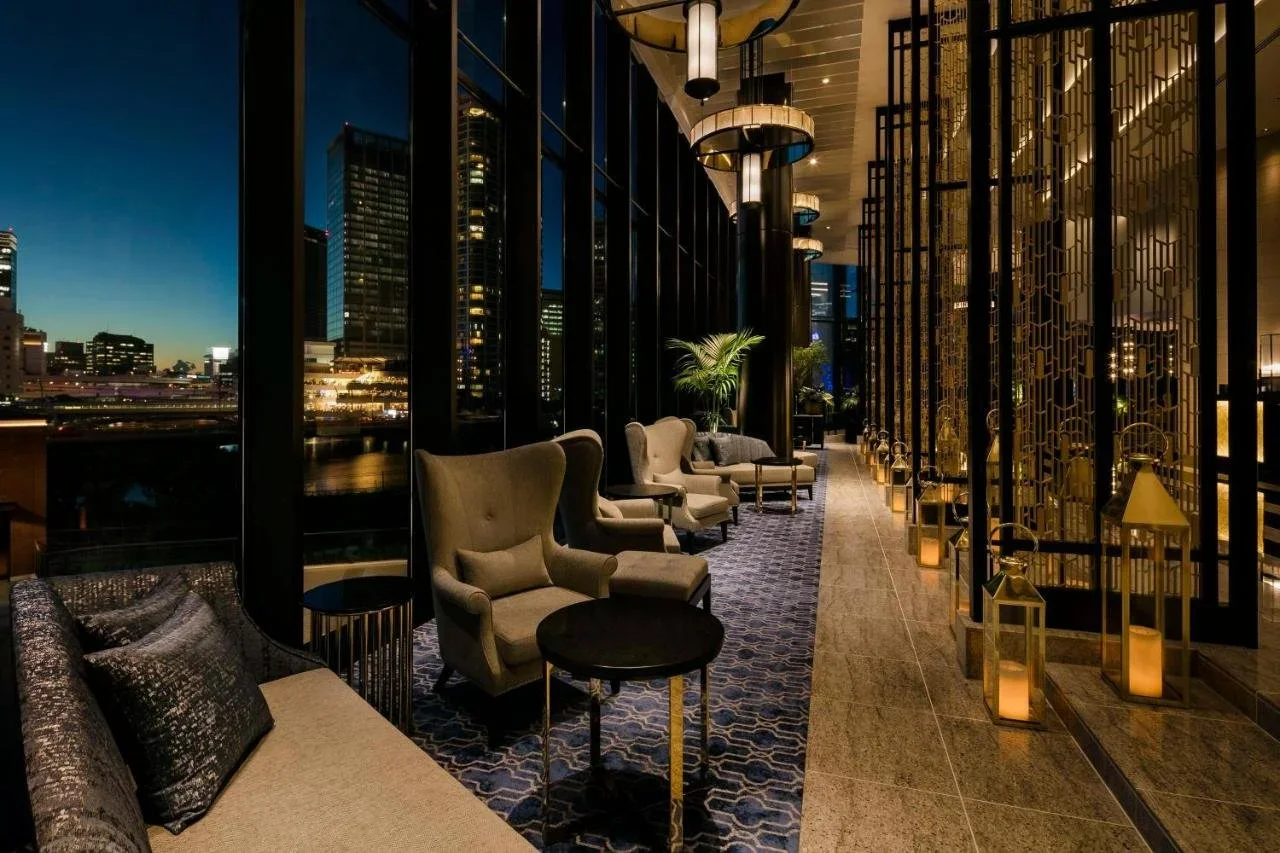 Urban and trendy yet still Japanese lounge at dusk at the DoubleTree by Hilton in Kyoto Higashiyama.