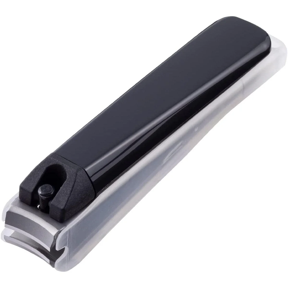 A black and silver nail clipper. View taken from above.