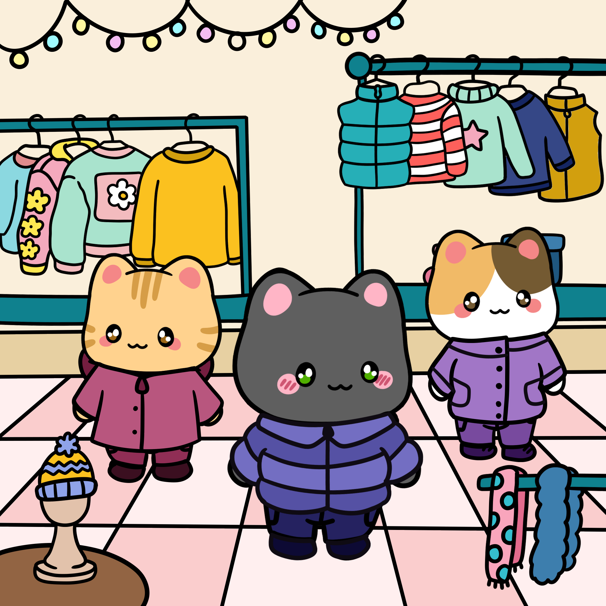 TokudAw cats cartoon where the cats are all wearing winter gear.