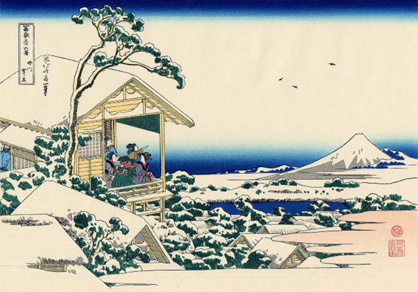 A ukiyo-e print of a snow scene in Edo japan that depicts Mount Fuji