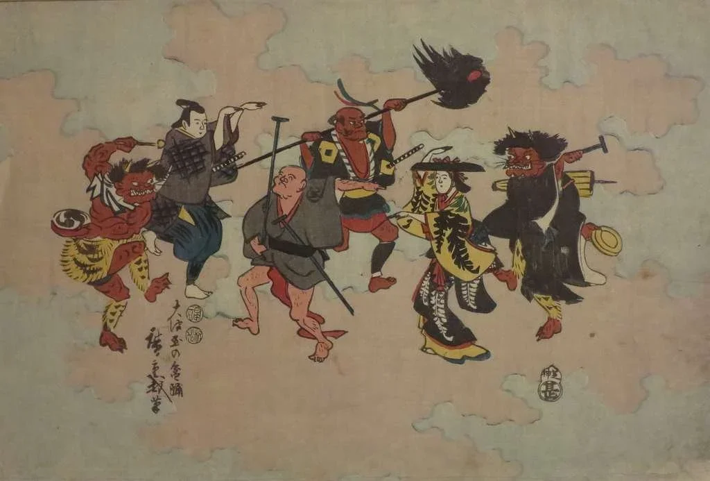 Traditional Japanese art of a procession of demons.