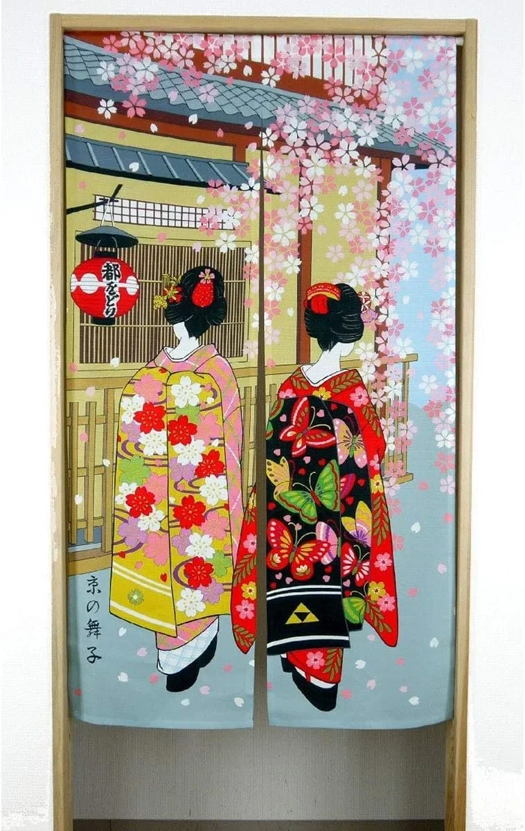 A cloth curtain of a spring scene with Geisha walking along the street.