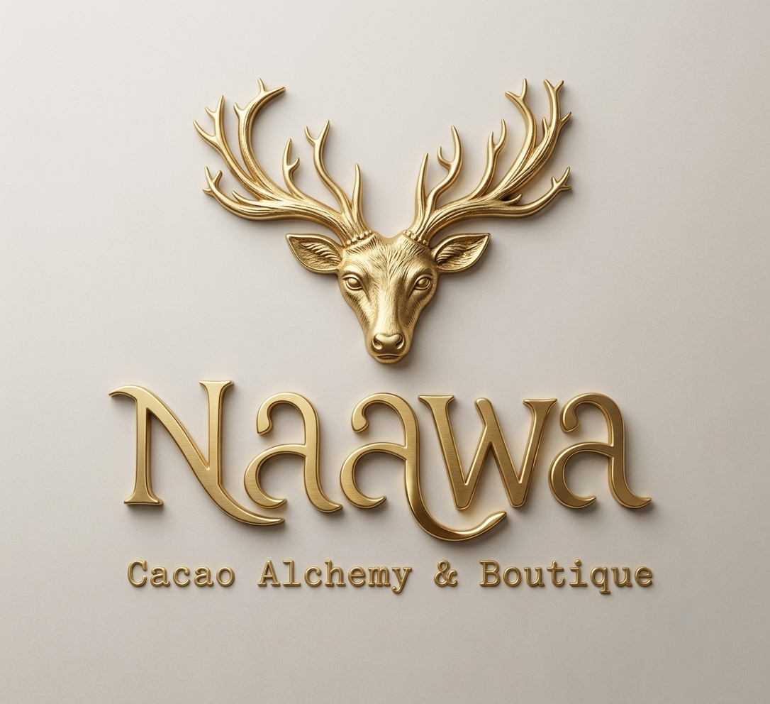 A gold deer head with antlers above the words "Naawa" and the phrase "Cacao Alchemy & Boutique" in gold lettering.