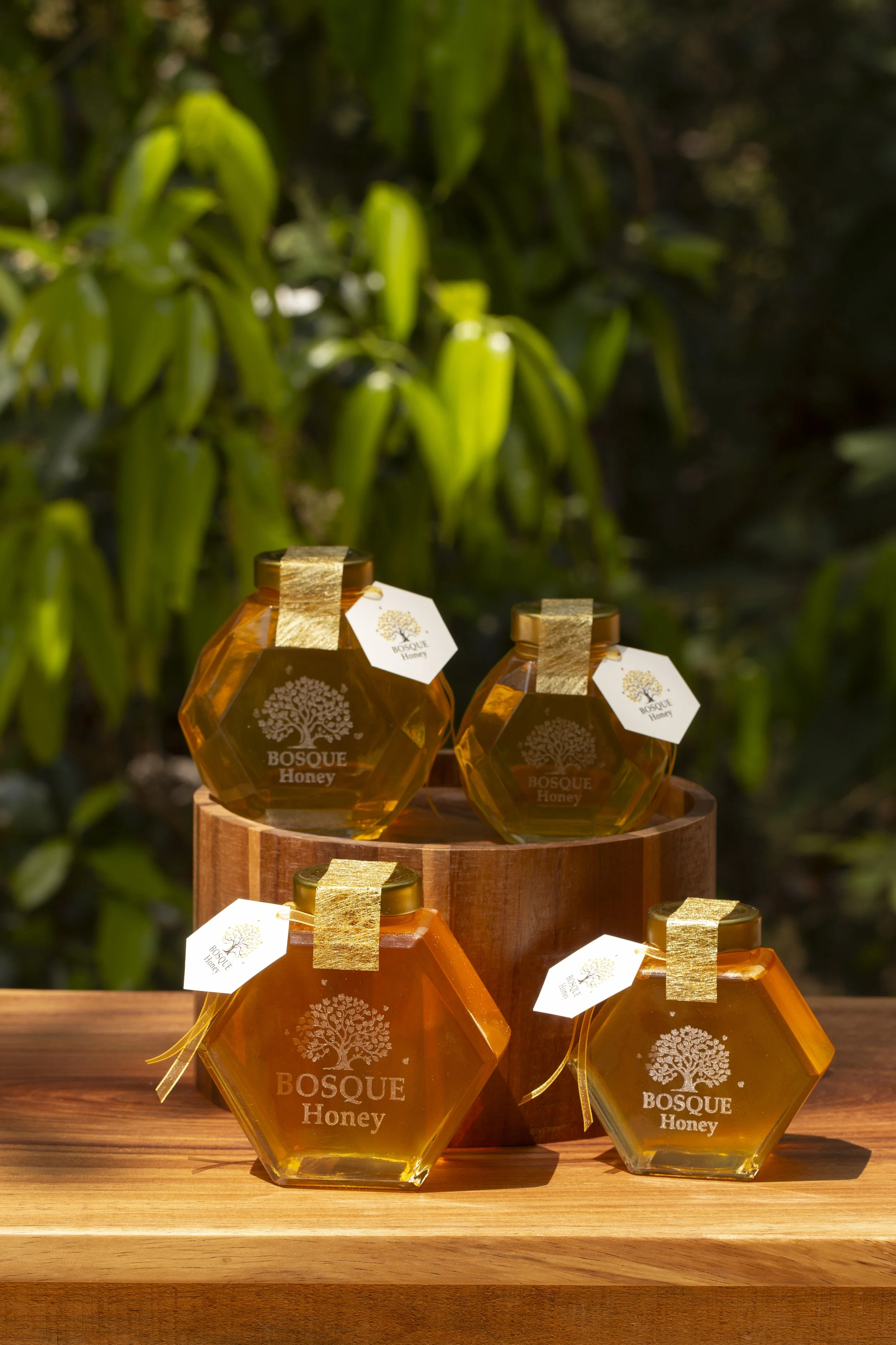 Honey jars with gold caps and labels reading "Bosque Honey" arranged on a wooden stand with green foliage in the background.