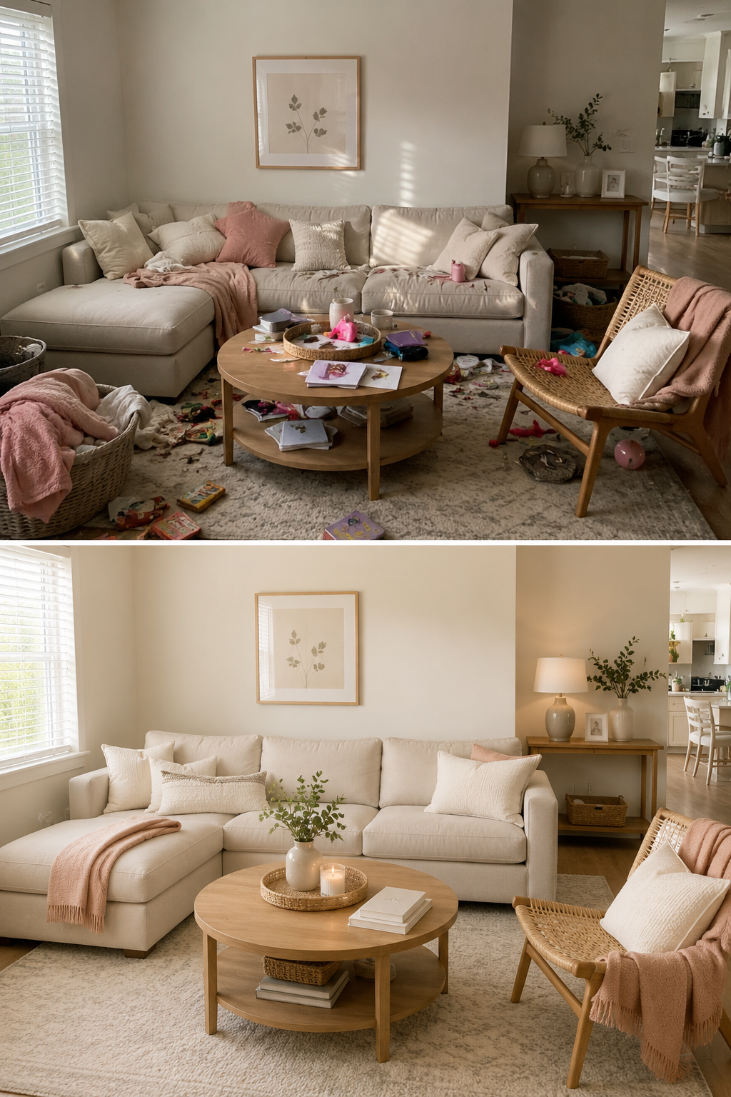 Before and after residential cleaning in Nanaimo living room transformation