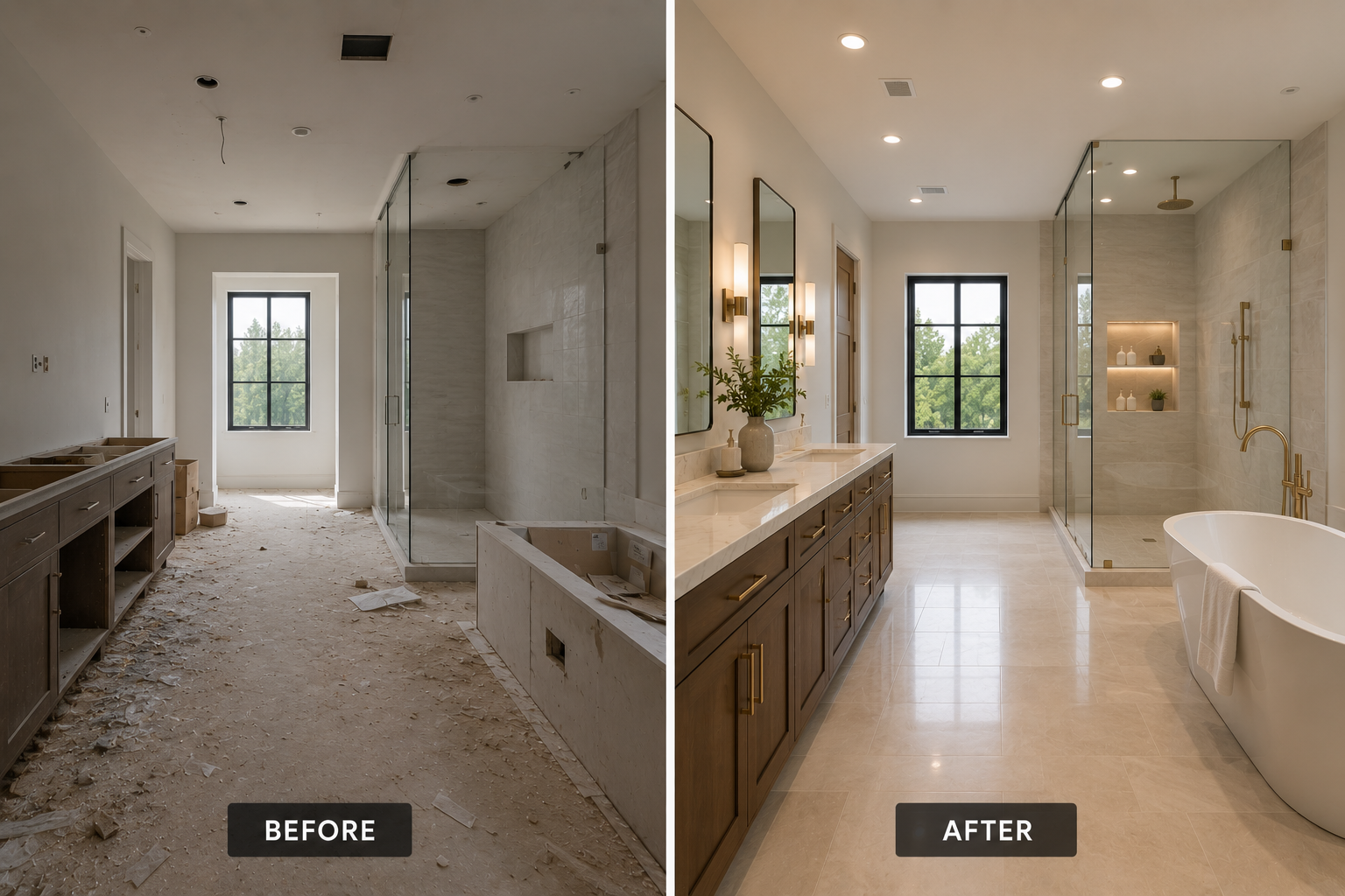 Bathroom renovation before and after post-construction cleaning.