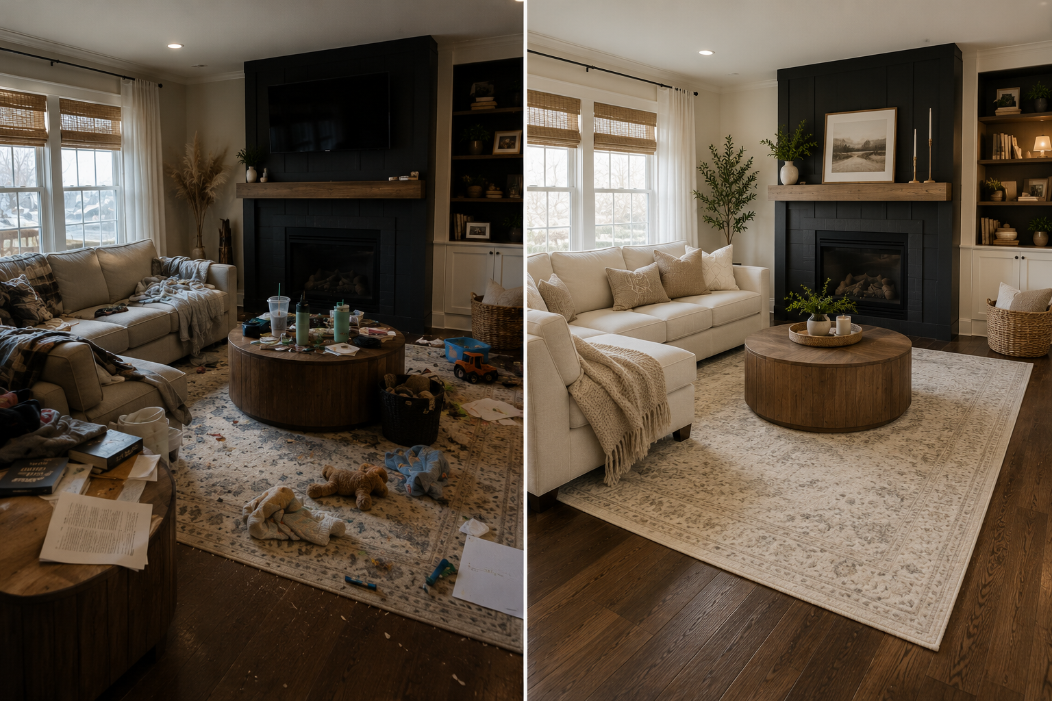 Living room before and after professional house cleaning in Nanaimo