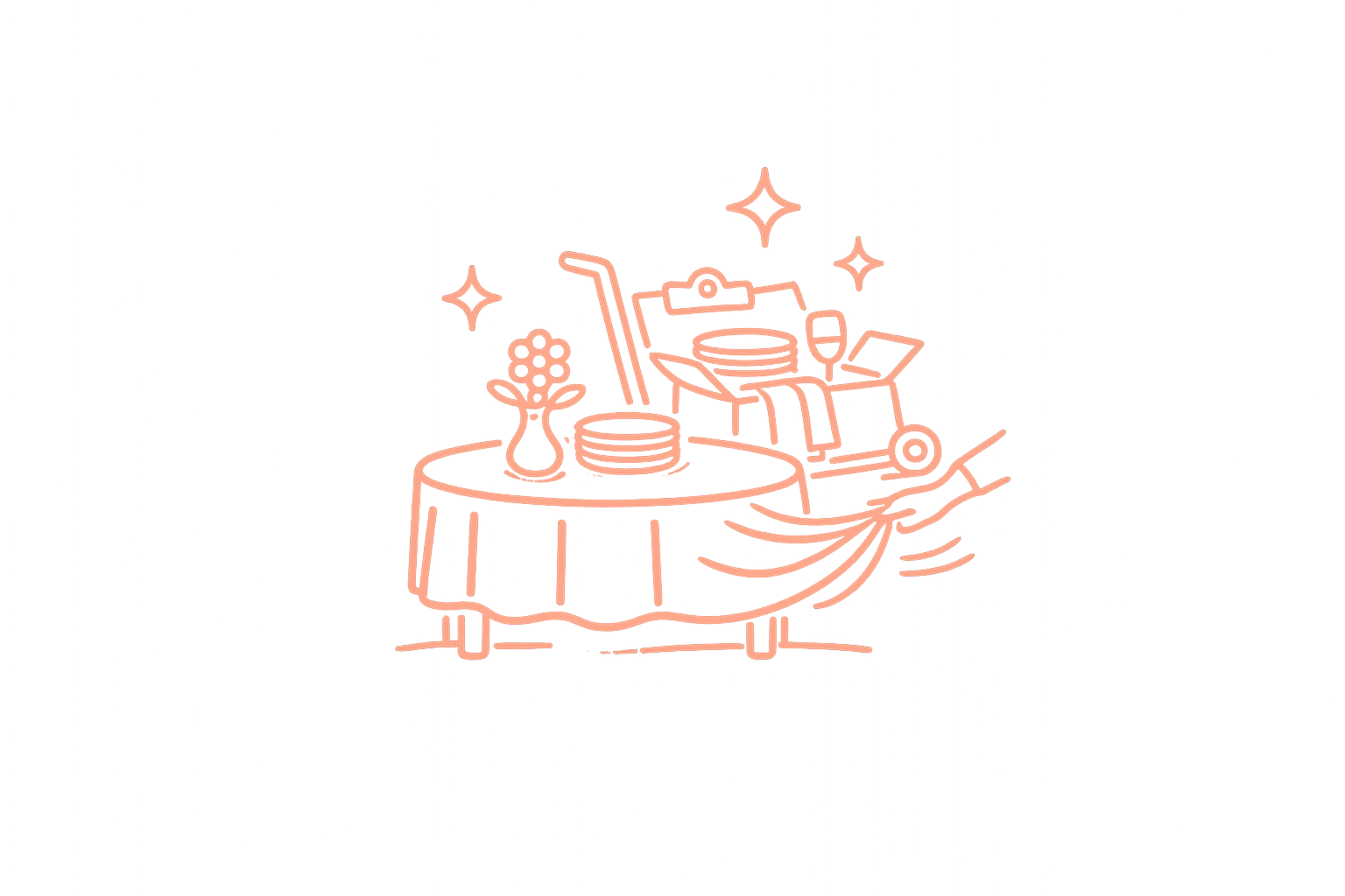 Neon sign of a table with a vase of flowers, stacked plates, and a tablecloth, with a wheelbarrow and cleaning supplies nearby, depicted in pink neon outline on black background.