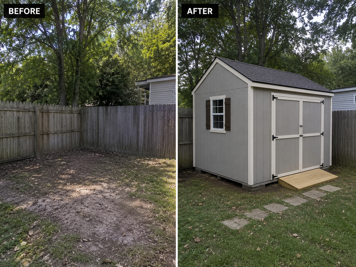Backyard shed installation and yard transformation.