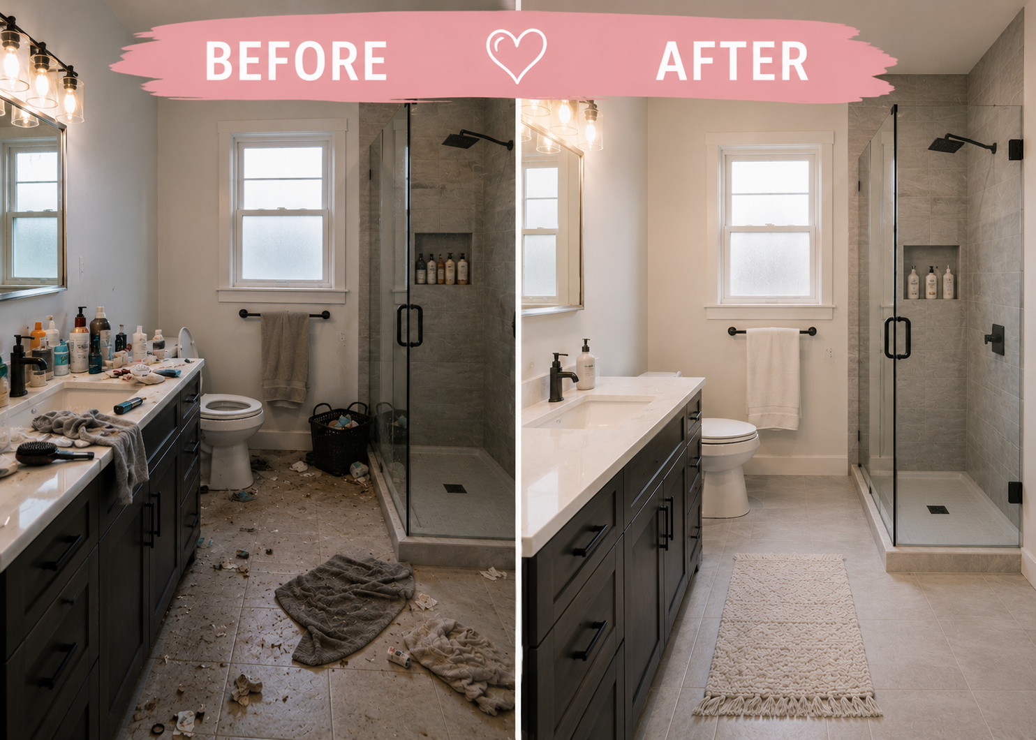 Bathroom before and after residential cleaning in Nanaimo BC.
