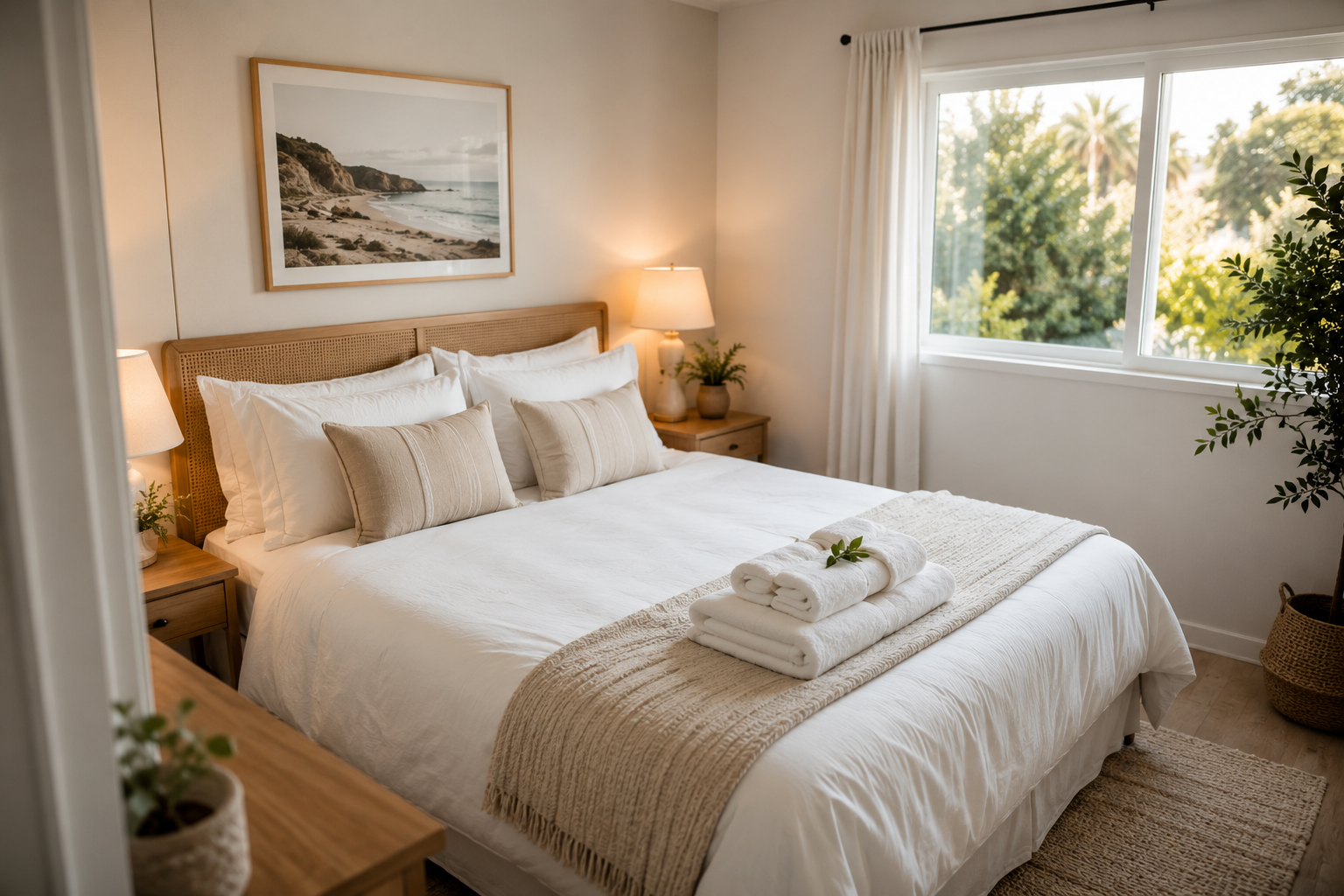 Freshly cleaned bedroom with neatly made bed.