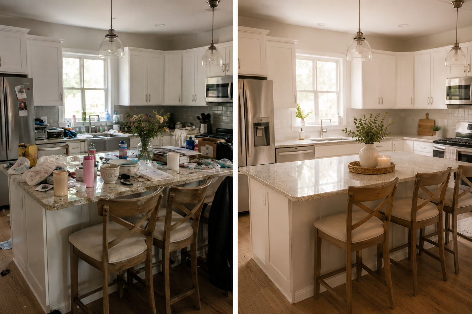 Kitchen counter before and after deep cleaning service in Nanaimo