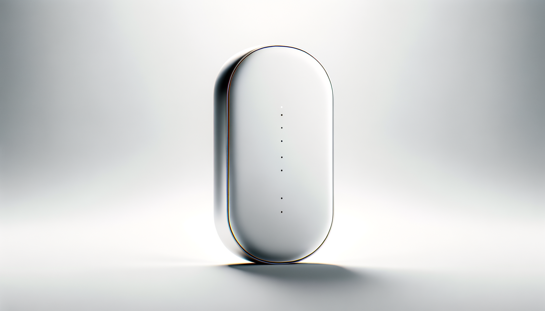 A sleek, modern white device with a rounded rectangular shape, featuring a series of small black dots aligned vertically in the center, set against a soft gradient background.