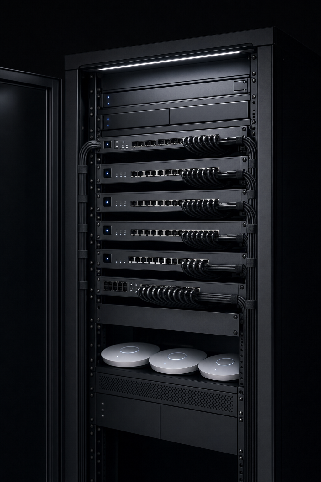 A black server rack with multiple network switches and cables, and three white wireless access points at the bottom.