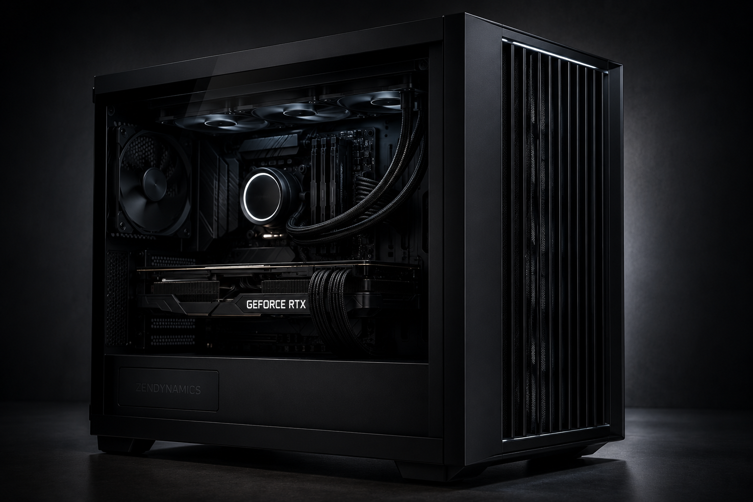 A black gaming or high-performance desktop computer with internal components visible through a clear side panel, including a graphics card labeled 'Geforce RTX', cooling fans, and a liquid cooling system.