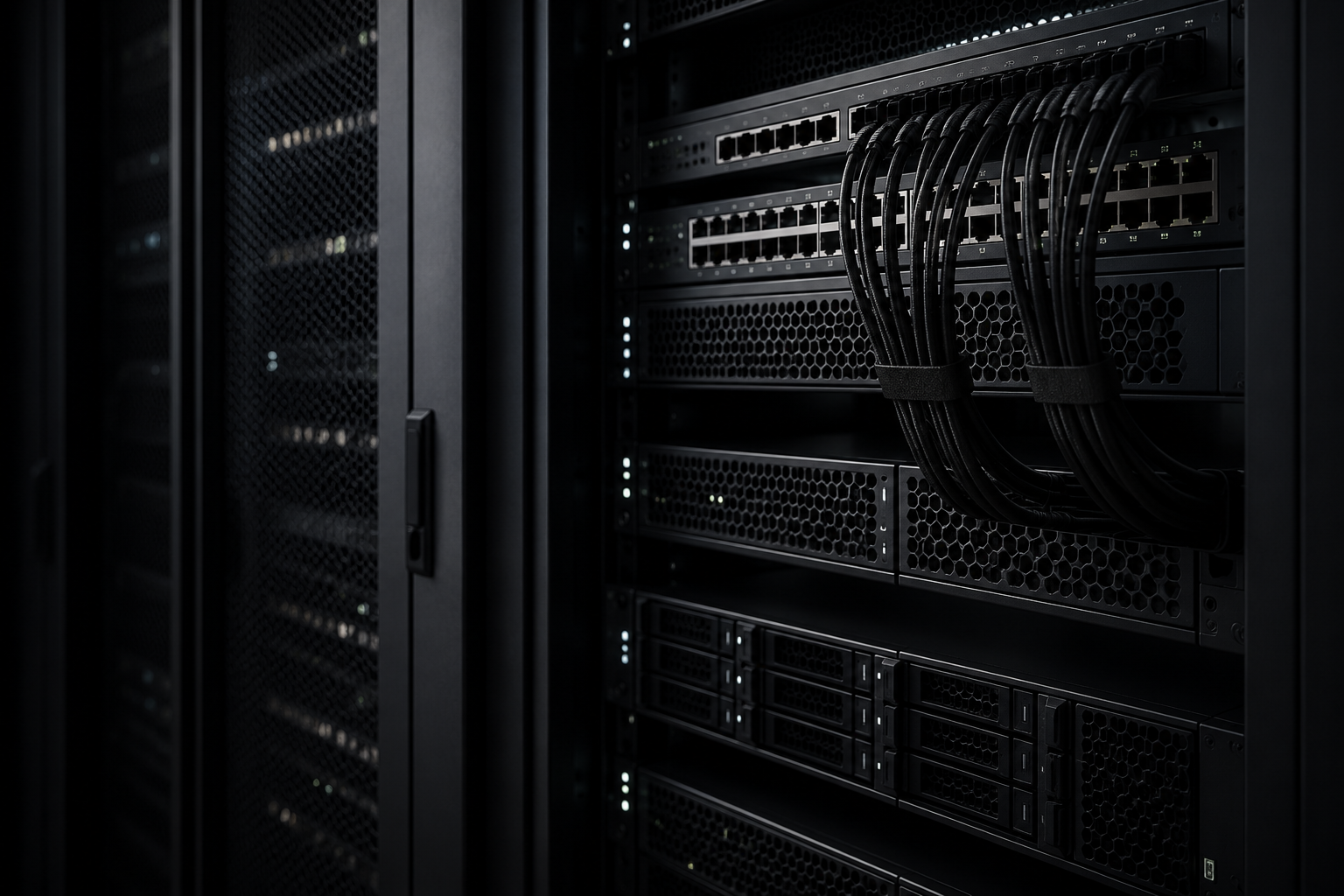 A close-up of a black server rack with multiple network switches and cables in a data center.