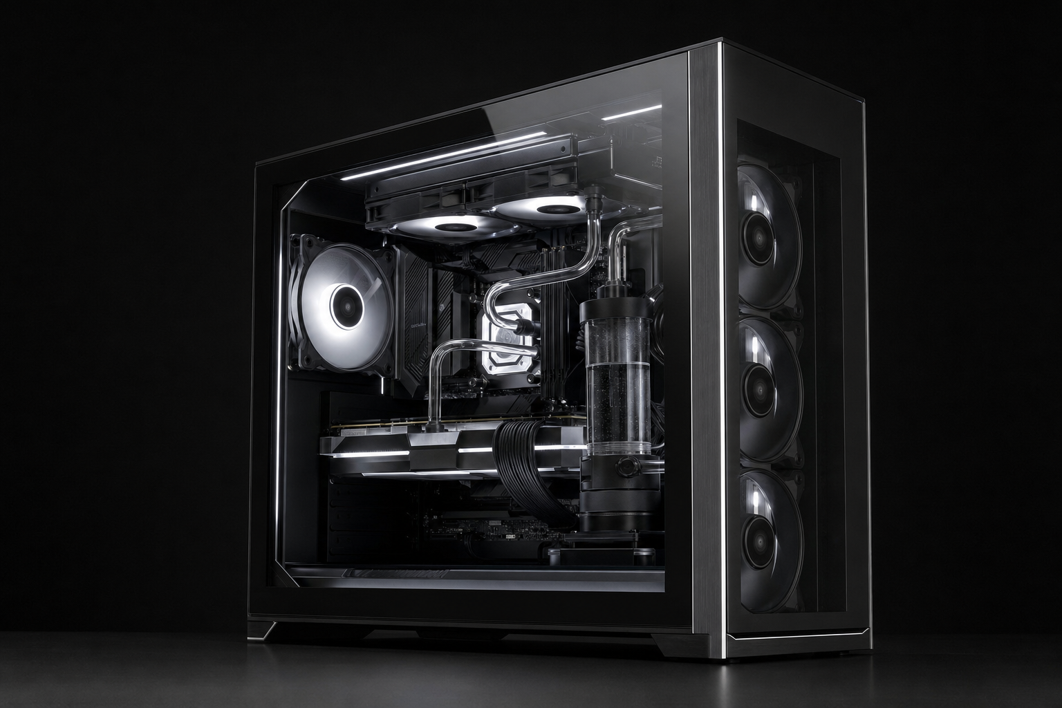 High-end custom gaming PC with water cooling, three large front case fans, and a transparent side panel showcasing internal components.