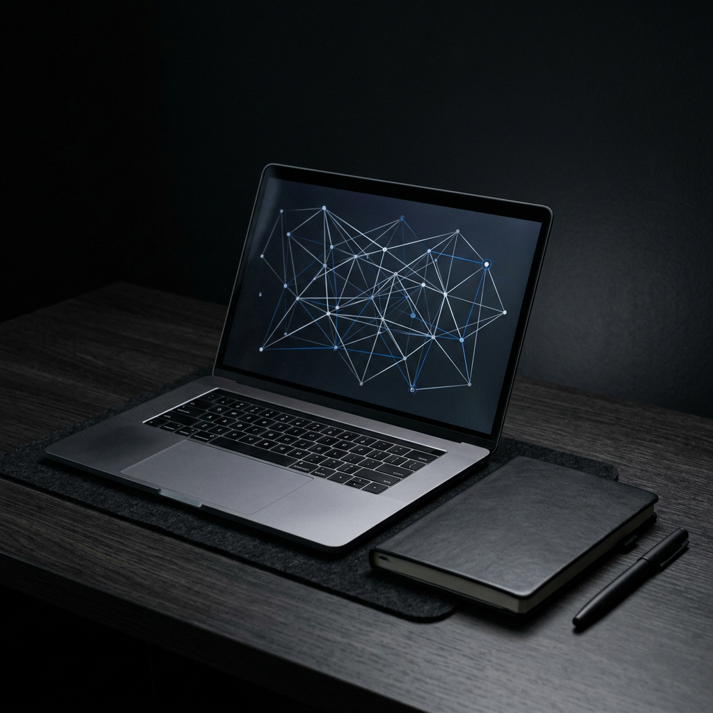 Open laptop on a dark wooden desk showing a network diagram on the screen, with a black notebook and black pen beside it.